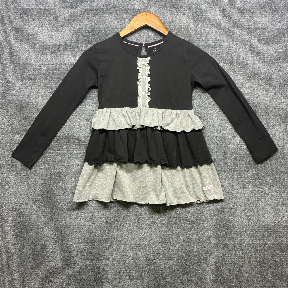 RuffleButts Tiered Ruffle Dress Girls 8‎ Black Gray Lace Trim Long Sleeve